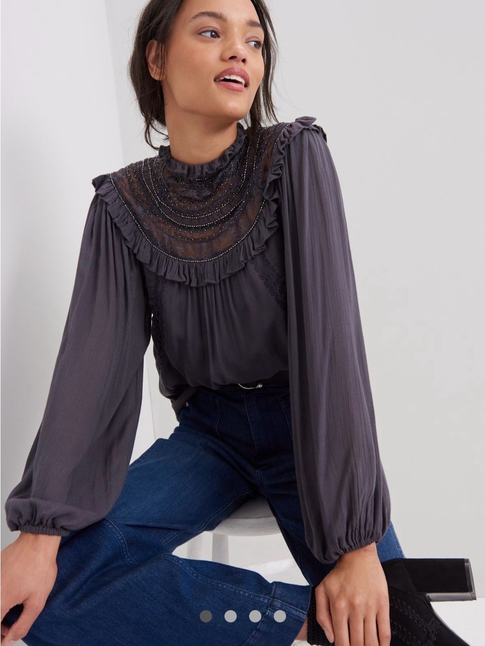 TALULAH Charcoal Ruffle Yoke Long-Sleeve Blouse